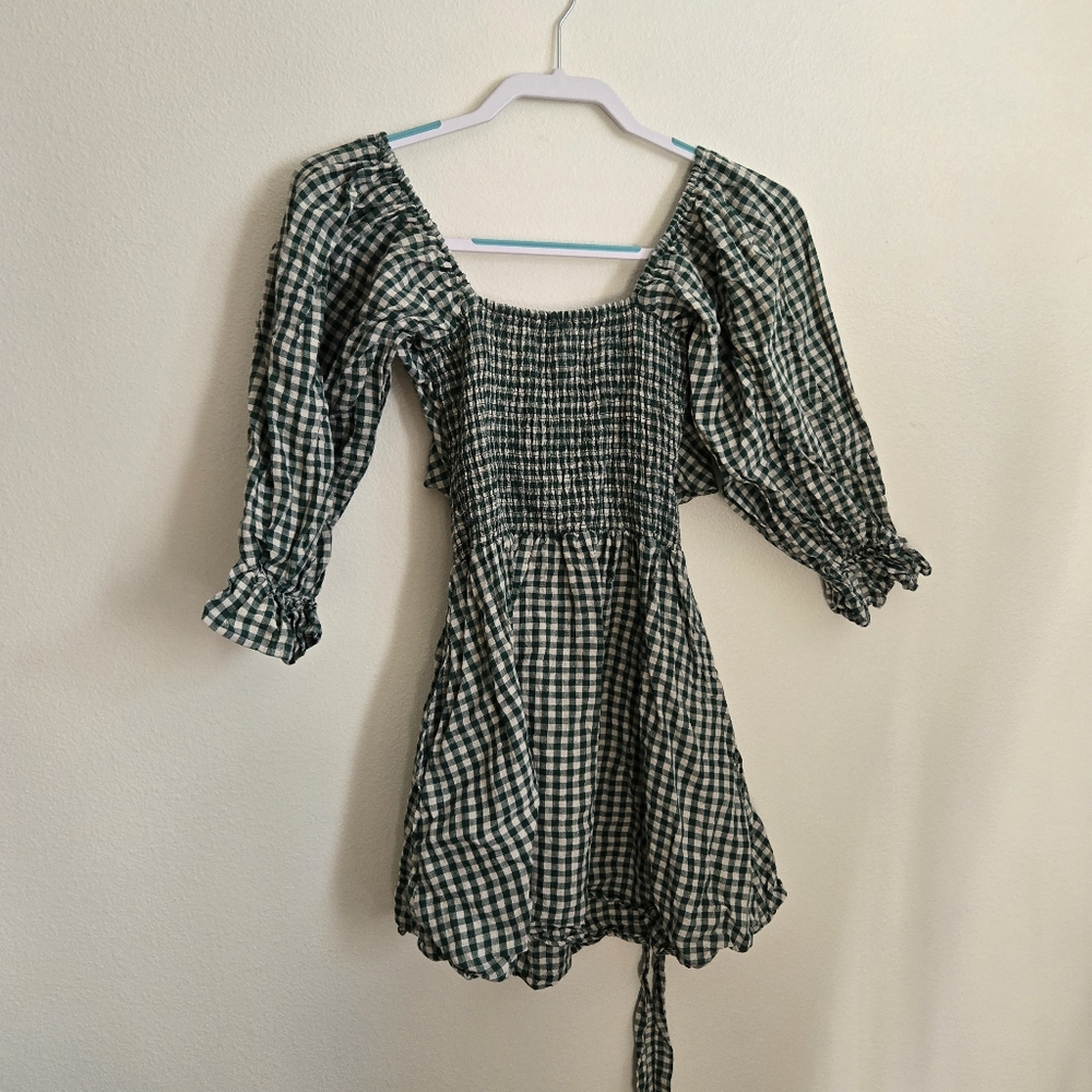 100% linen aulieude gingham smocked puff sleeve mini dress XS 6